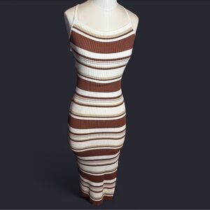 Abercrombie & Fitch Brown and Cream Striped Midi Dress strappy back